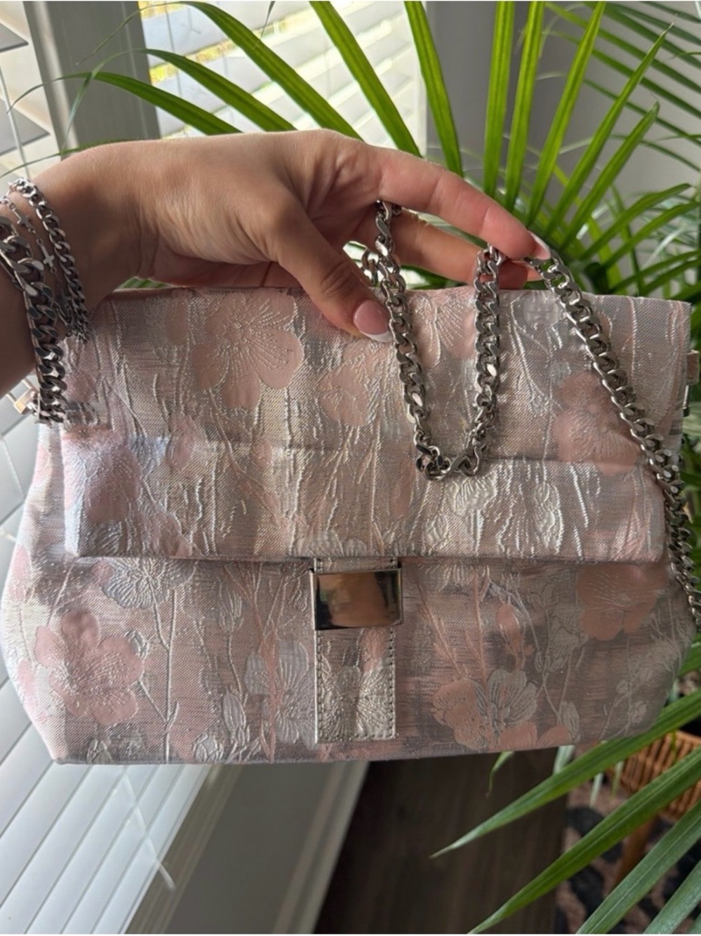 Elegant Chrome Silver Pink Floral Jacquard Chain Shoulder Bag metallic